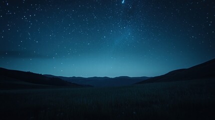 Fototapeta premium A field of grass in the foreground with mountains in the distance and a dark night sky filled with stars overhead.