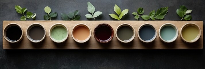 Naklejka premium さまざまなお茶と緑の葉が入ったカラフルな陶器のボウル - 食事の体験のための料理デザイン