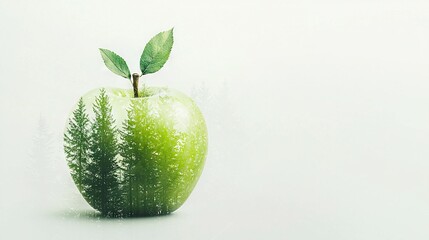   A green apple with a leaf protruding from its core, and a tree emerging from it