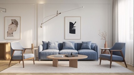 Modern living room with a blue sofa, two armchairs, a coffee table, and artwork on the walls.