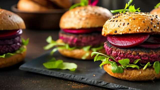 Closeup of a beet burger with lettuce on a black slate plate