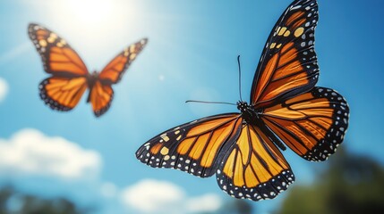 Obraz premium Monarch Butterfly in Flight Against a Blue Sky