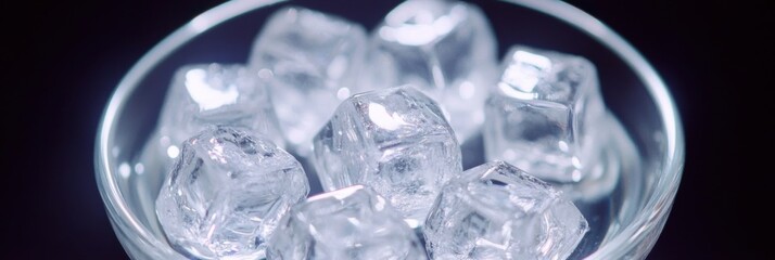 爽やかな飲み物のコンセプトとデザインのためのガラスボウルに入った透明な氷のクローズアップ