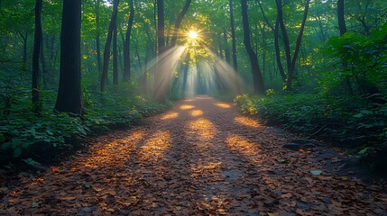Naklejka premium Sunbeams illuminate a path through a misty forest, casting long shadows on the ground.