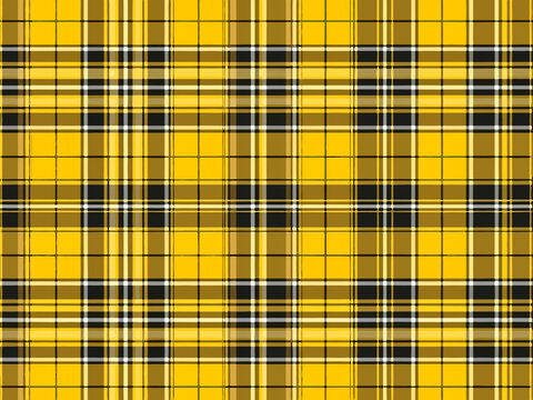 Bright yellow plaid fabric with black and white stripes for sewing and crafting projects in natural light