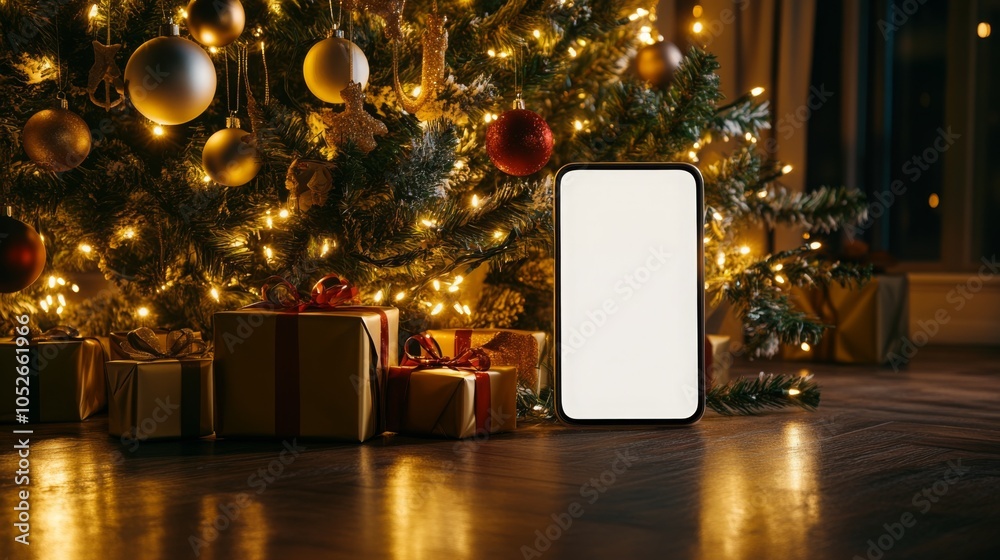 Poster a smartphone is placed next to a festive christmas tree adorned with lights and ornaments.