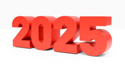 Happy new year 2025 3d illustration. Premium 3d design for poster, banner, greeting, cover and new year 2025 celebration. 2025 new year's red number on white background.