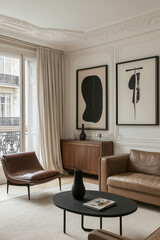 Modern Parisian apartment living room with sofa, armchair, magazines, wall art