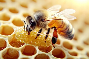 Honey bee collecting nectar from a honeycomb in a hive during daylight