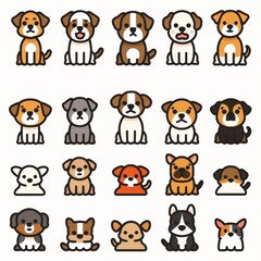 Naklejka premium Cute dog icon set, pet animal flat symbols, puppy icons silhouettes, funny dog character pictogram