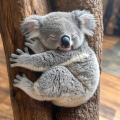 Obraz premium Cute koala sleeping peacefully while hugging a tree trunk in a cozy indoor environment