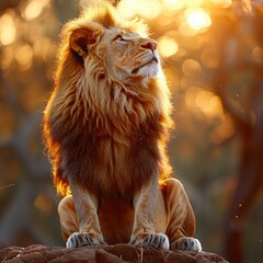 Majestic lion basking in golden sunlight during the early morning in the savanna