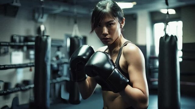 An Asian woman practices her boxing skills in a gym, focused and determined as she gears up for an upcoming match in the early morning hours.
