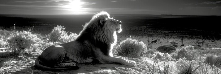 Majestic lion basking in the sunlight on a rocky outcrop in a vast wilderness landscape