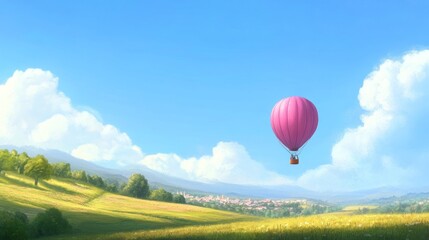 Obraz premium A pink hot air balloon floats above a lush green meadow with a village in the distance on a clear day.