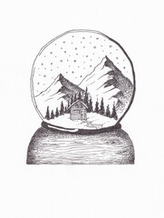 Black and white illustration of a snow globe, showing an image of a cabin in the mountains