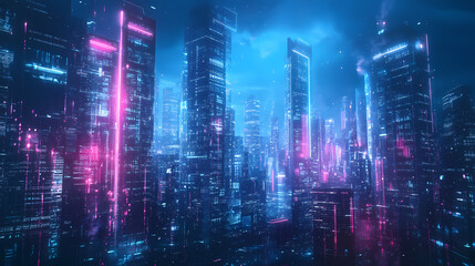 Obraz premium Abstract futuristic city skyline with glowing hologram buildings on a dark blue background. Virtual Cityscape. Illustration