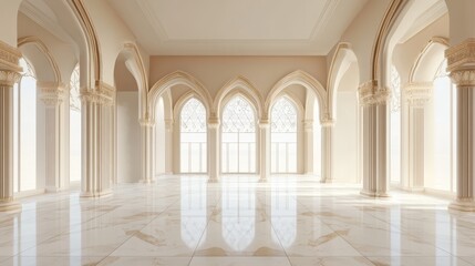 Fototapeta premium Elegant Interior Space with Arched Windows and Marble Flooring