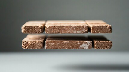   A close-up of chocolate with white sugar sprinkled atop the bar, and the rest of the chocolate extending off the side