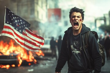 Riots break out after the 2024 USA presidential election. An angry young man with an American flag behind, surrounded by fires and rioting crowd.
