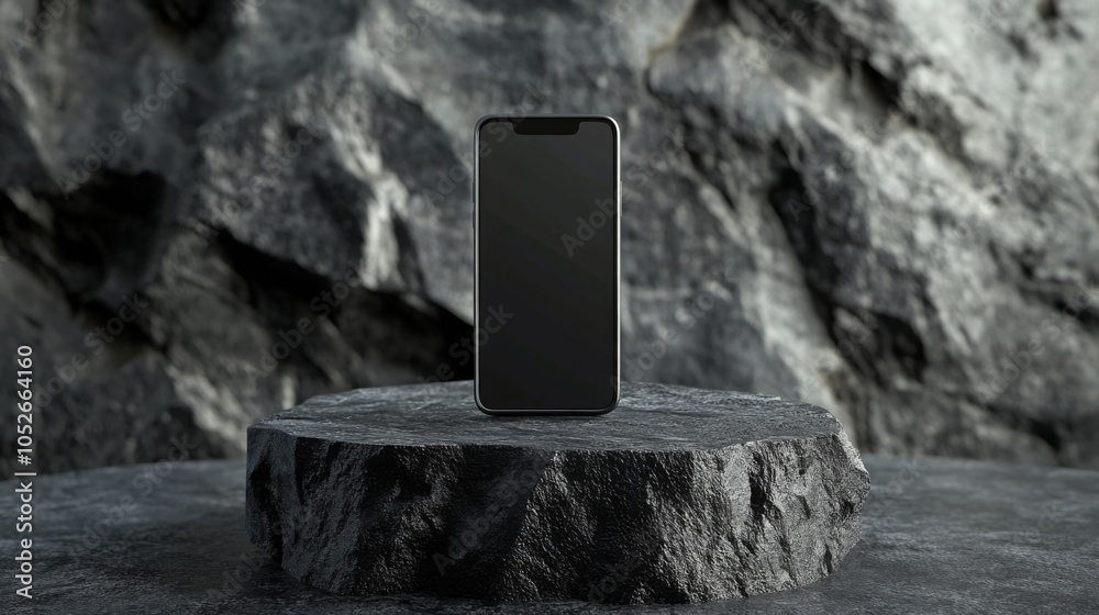 Poster a black smartphone is positioned on a circular, flat, gray rock platform. it stands vertically again