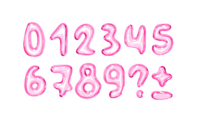 Set of shiny pink bubble style numbers and symbols on white background. Playful glossy digits ranging from 0 to 9, additional punctuation marks. Realistic 3d design. Vector illustration