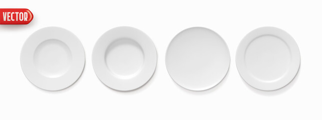 Set of White plate different shapes, realistic 3d design. Plates isolated on white background. Vector illustration