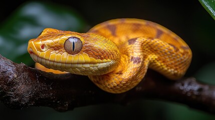 Fototapeta premium Close-up of a Golden Yellow Snake with an Intricate Pattern on a Branch