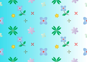 Seamless pattern with flowers and clover leaves on a blue background.