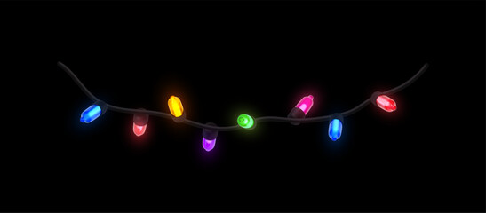 Christmas new year decoration colorful garland. Vibrant string of multicolored Christmas lights glowing realistic 3d design isolated on black background. Vector illustration