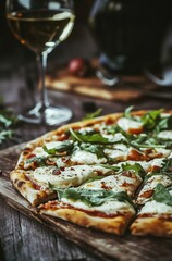 A slice of pizza with spinach and cheese sits on a wooden cutting board