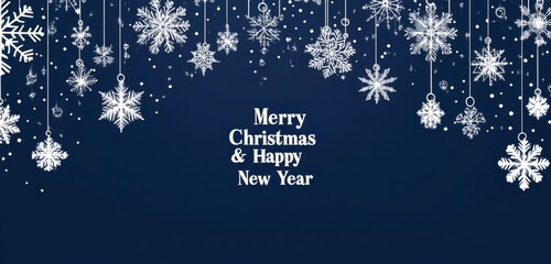 Christmas and Happy New Year greeting card with an elegant snowflake pattern on a navy blue background The inscription "Merry Christmas & Happy New Year" in the center Generative AI