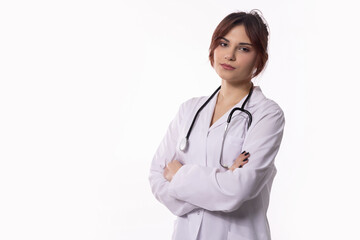 Confident Female Doctor Wearing a White Coat and Holding a Stethoscope, Ready to Help