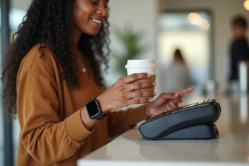 Woman with smartwatch holding coffee cup standing at counter, ready to pay. Concept of modern consumerism, technology, and comfort