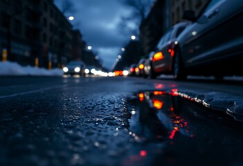 city street night scene after snow