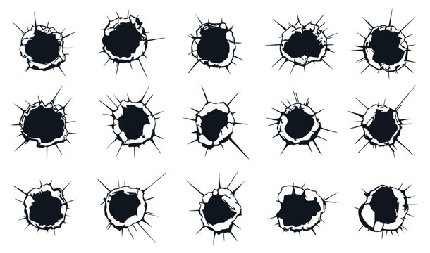 Gunshot holes set. Shooting cracked bulet holes marks on the wall with ripped edges. Damage destruction target shoot sports training. Black and white simple flat style. Isolated vector on white