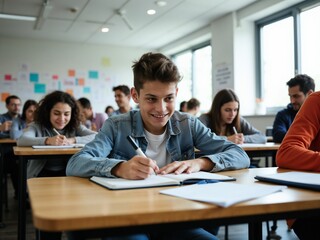 Engaged Student Taking Notes in a Classroom Setting