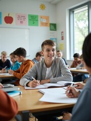 Fototapeta premium Engaged High School Students Collaborating in a Modern Classroom Setting