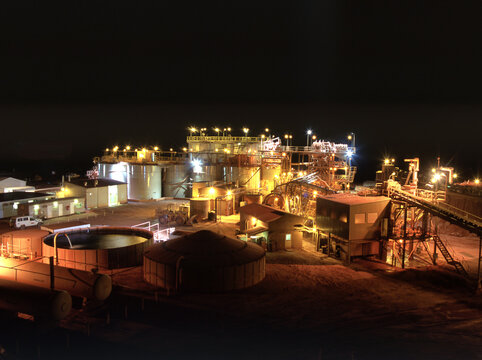 Gold mine processing plant at night