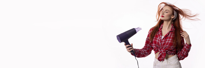 Naklejka premium Discover dynamic hairstyling with a hair dryer in a beautifully designed studio setting