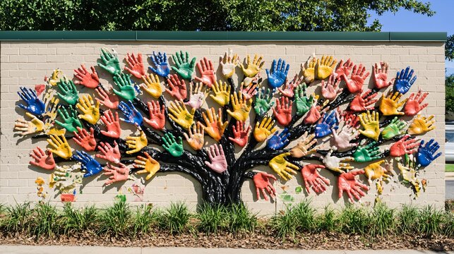 Colorful Handprint Tree Artwork on Wall