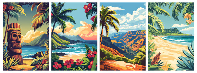Hawaiian vertical poster set. Waimea Canyon Waikiki Beach. Tribal tiki mask local plants and flowers ocean view. Banner social media template design. Travel journey tourism holiday.Cartoon style