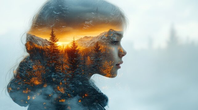 A child's silhouette blended with a winter landscape and a vibrant sunset in a serene moment