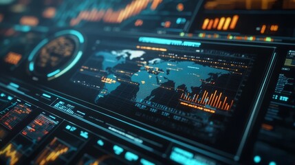 Futuristic Digital Dashboard Displaying Global Data and Analytics