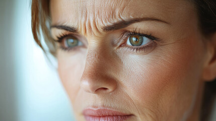 Naklejka premium wrinkles in the corners of the eyes on the face of a 50-year-old European woman close-up, age-related changes, cosmetology, elderly lady's skin, old age, facial care