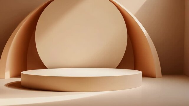A minimalist beige platform with a round, half-circle backdrop, illuminated by natural light