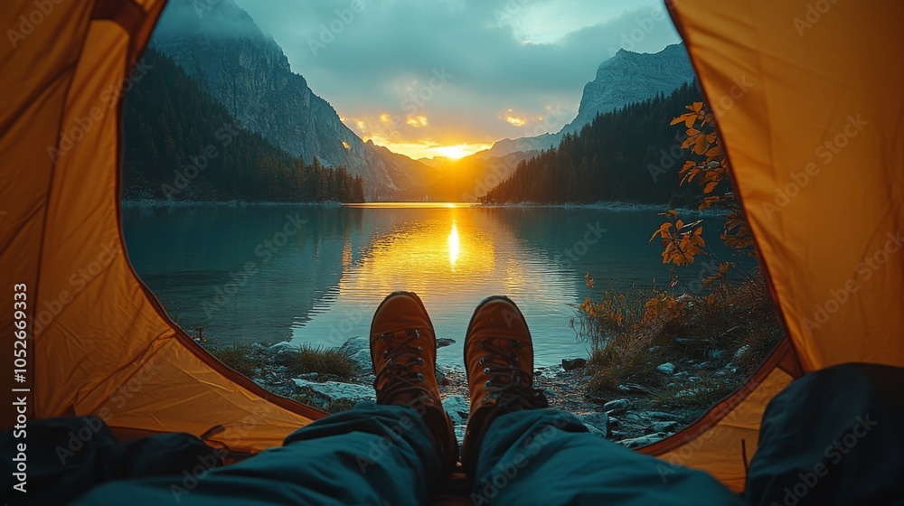 Poster a person relaxes in a tent, watching the sunset over a calm lake surrounded by mountains, creating a