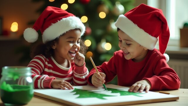 children painting Christmas tree on New Year holidays at home, happy smiling kids playing, making art project in Santa Claus hat - Powered by Adobe