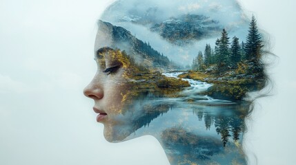 A serene double exposure of a woman's face merged with a tranquil forest landscape