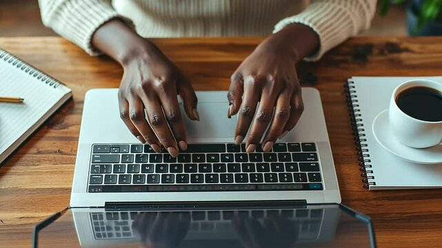 African American woman&rsquo;s hand typing on a laptop keyboard, surrounded by multiple open tabs and documents on the screen